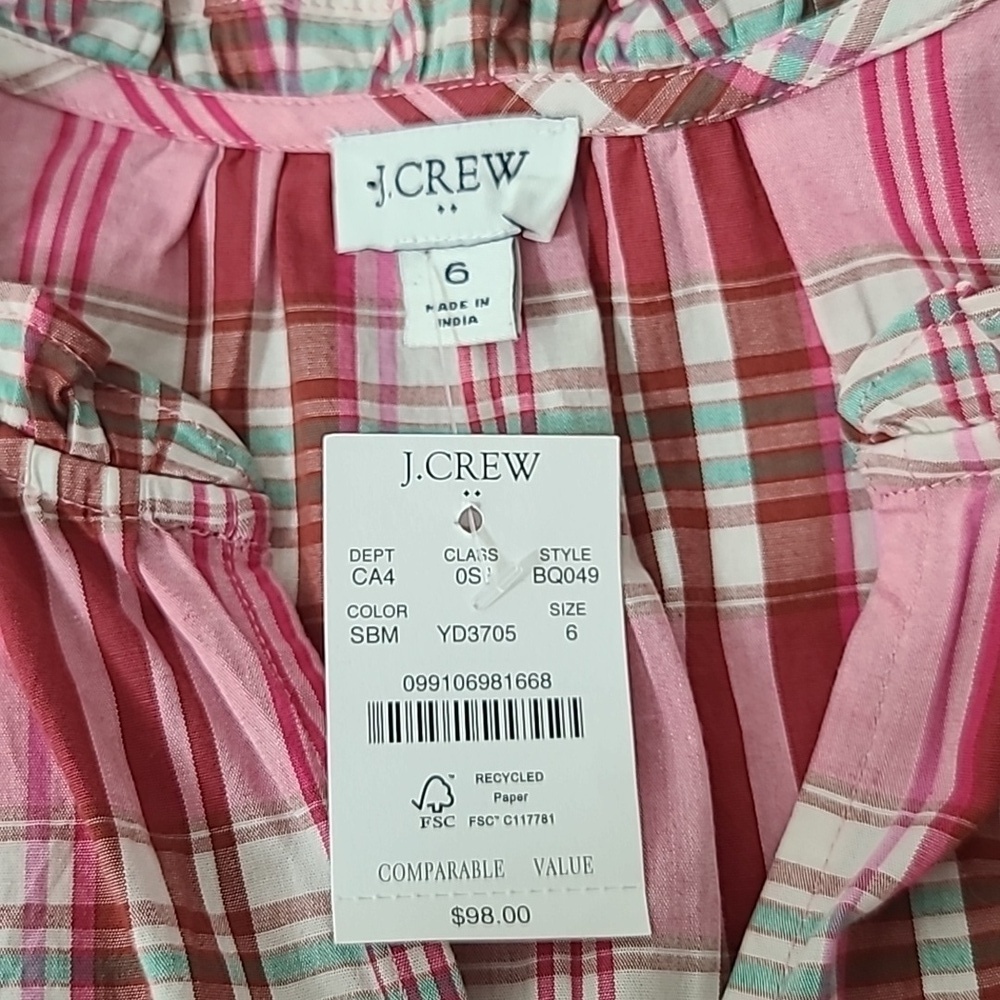 J Crew NWT Plaid Mini Dress Ruffle Trim Sweet Briar Marine Salt Pink - Picture 9 of 10